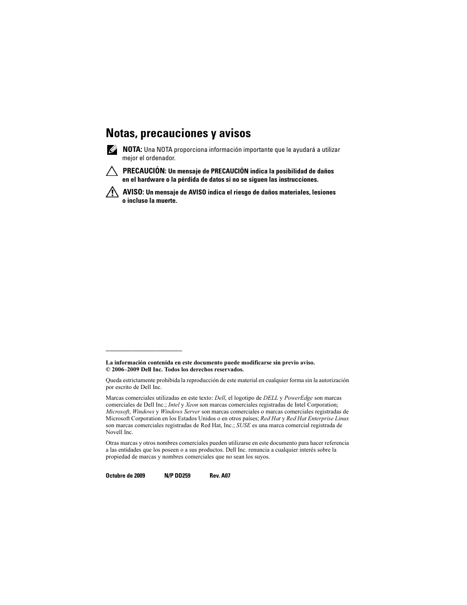 Notas, precauciones y avisos | Dell POWEREDGE 2950 User Manual | Page 160 / 186