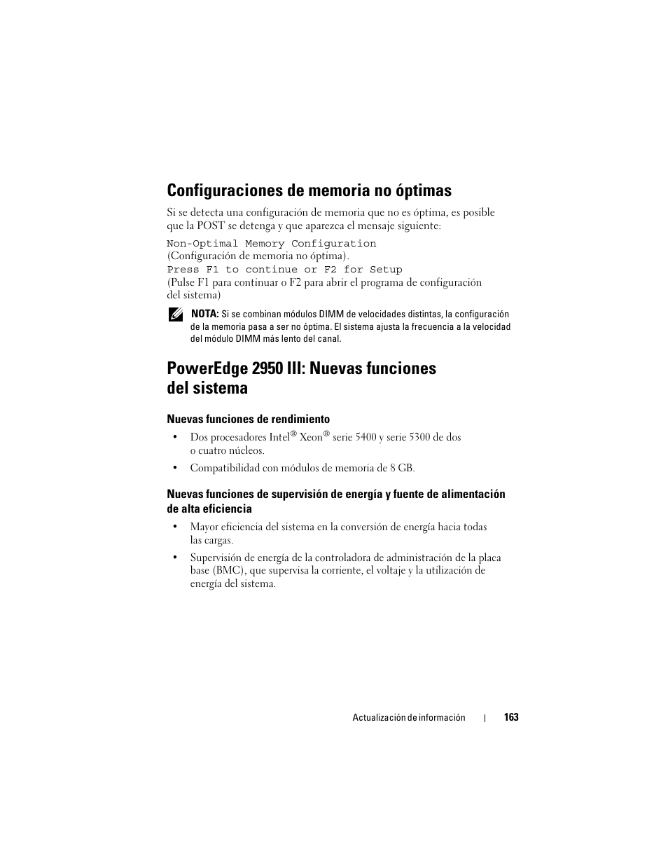Configuraciones de memoria no óptimas, Poweredge 2950 iii: nuevas funciones del sistema, Nuevas funciones de rendimiento | Dell POWEREDGE 2950 User Manual | Page 163 / 186
