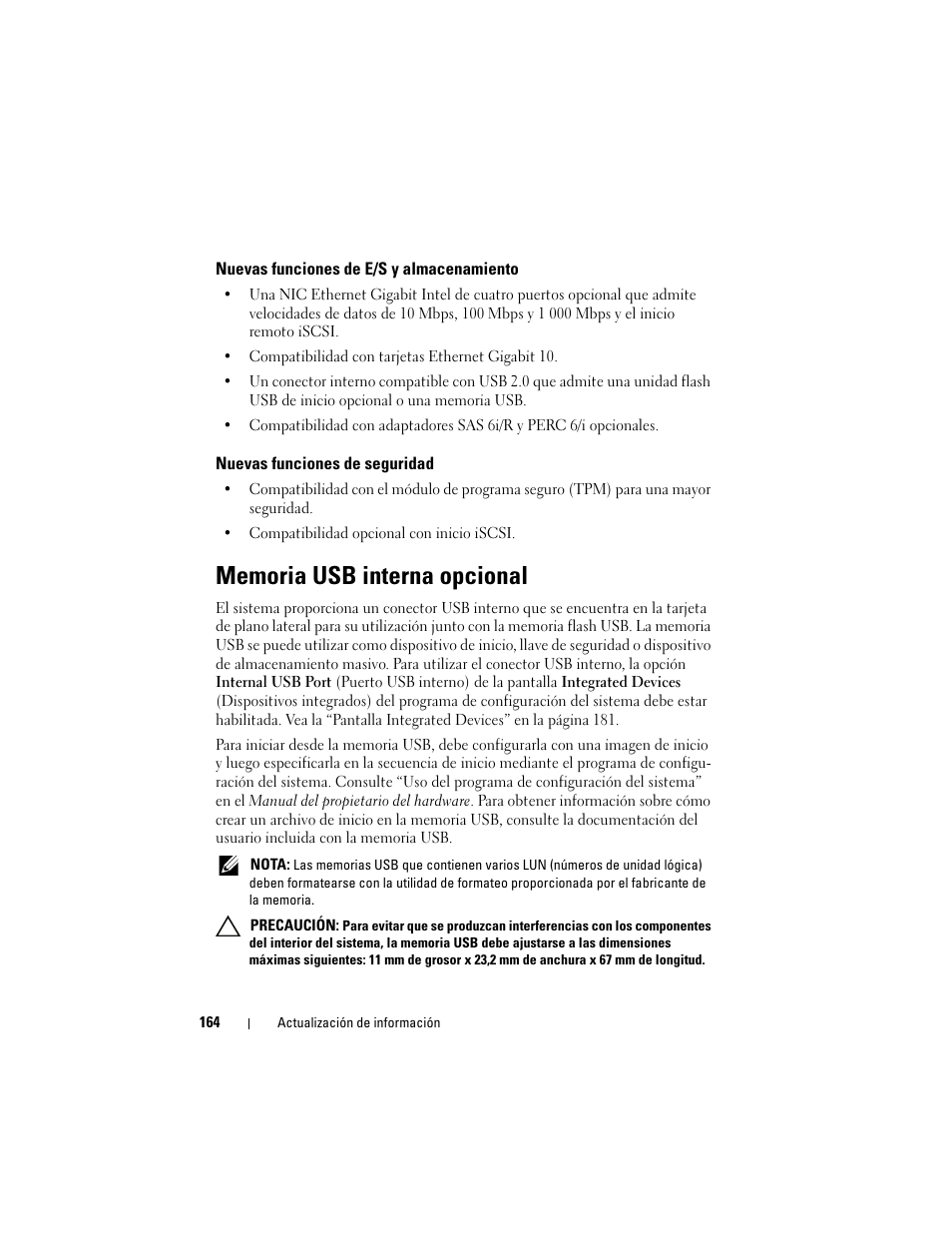 Nuevas funciones de e/s y almacenamiento, Nuevas funciones de seguridad, Memoria usb interna opcional | Dell POWEREDGE 2950 User Manual | Page 164 / 186