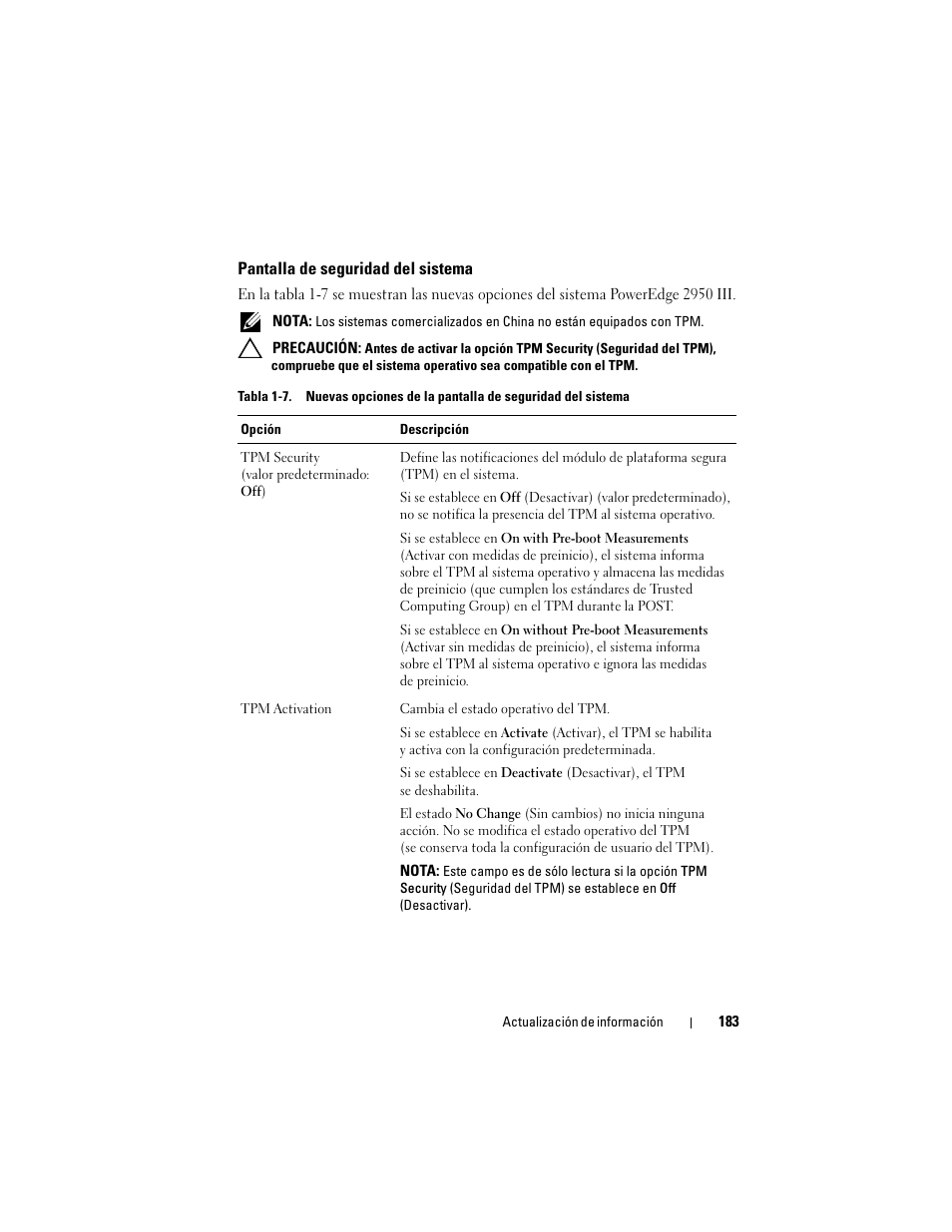 Pantalla de seguridad del sistema | Dell POWEREDGE 2950 User Manual | Page 183 / 186