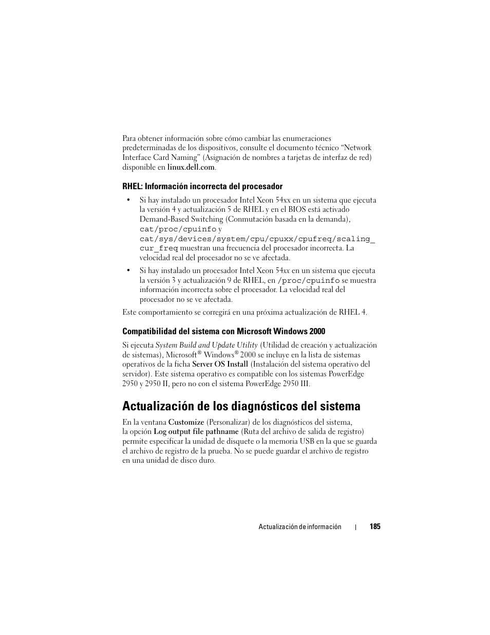 Rhel: información incorrecta del procesador, Actualización de los diagnósticos del sistema | Dell POWEREDGE 2950 User Manual | Page 185 / 186
