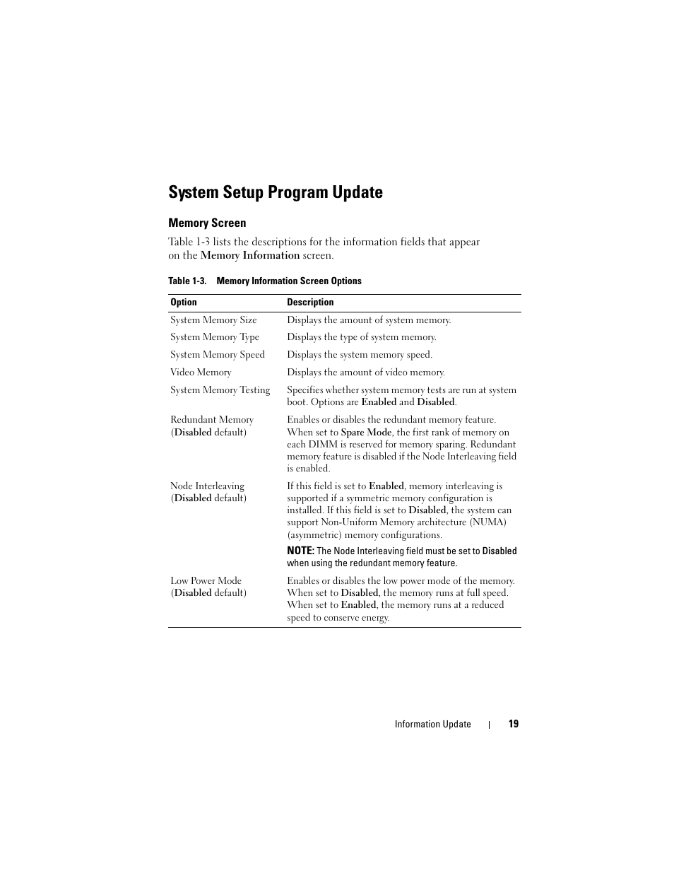 System setup program update, Memory screen | Dell POWEREDGE 2950 User Manual | Page 19 / 186