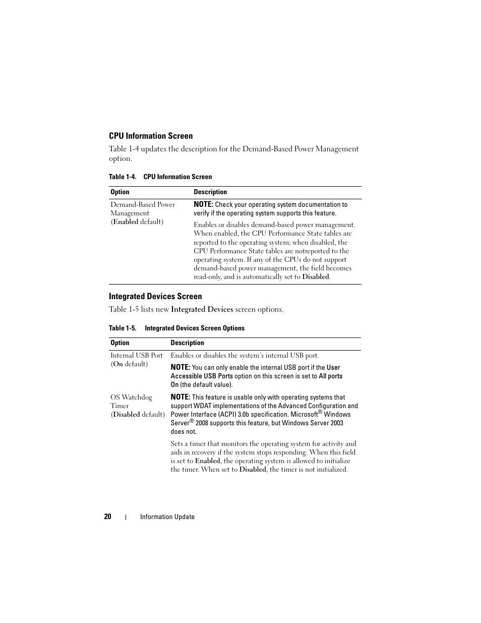Cpu information screen, Integrated devices screen | Dell POWEREDGE 2950 User Manual | Page 20 / 186