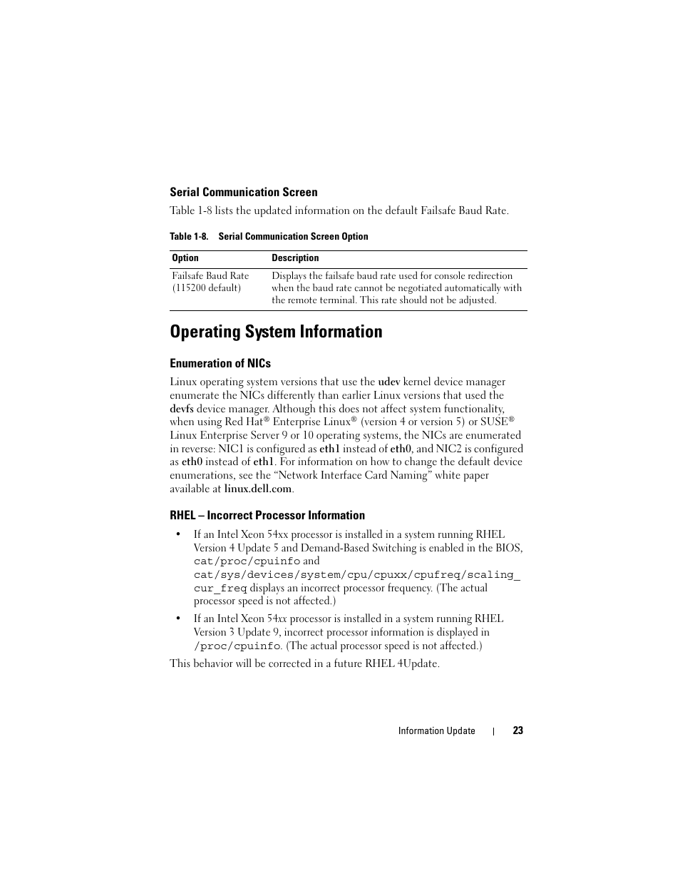 Serial communication screen, Operating system information, Enumeration of nics | Rhel - incorrect processor information, Rhel – incorrect processor information | Dell POWEREDGE 2950 User Manual | Page 23 / 186