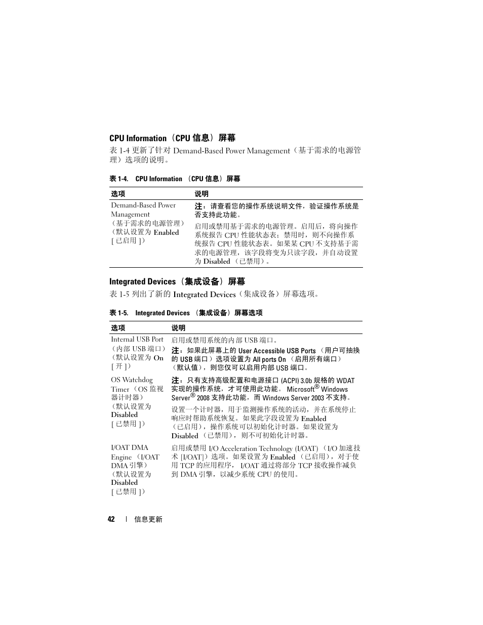Cpu information（cpu 信息）屏幕, Integrated devices（集成设备）屏幕, Cpu information | Cpu 信息）屏幕, Integrated devices, 集成设备）屏幕 | Dell POWEREDGE 2950 User Manual | Page 42 / 186