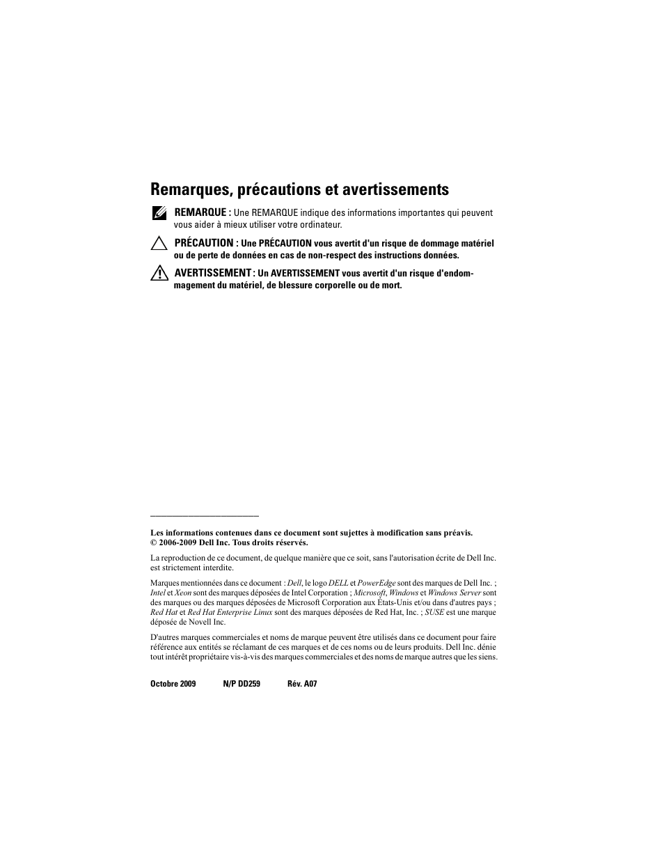 Remarques, précautions et avertissements | Dell POWEREDGE 2950 User Manual | Page 48 / 186