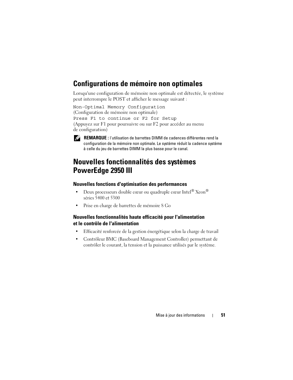 Configurations de mémoire non optimales | Dell POWEREDGE 2950 User Manual | Page 51 / 186