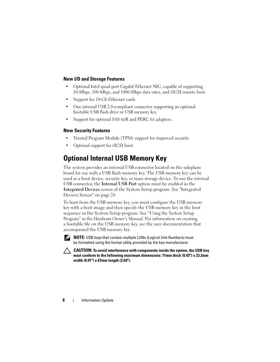 New i/o and storage features, New security features, Optional internal usb memory key | Dell POWEREDGE 2950 User Manual | Page 6 / 186