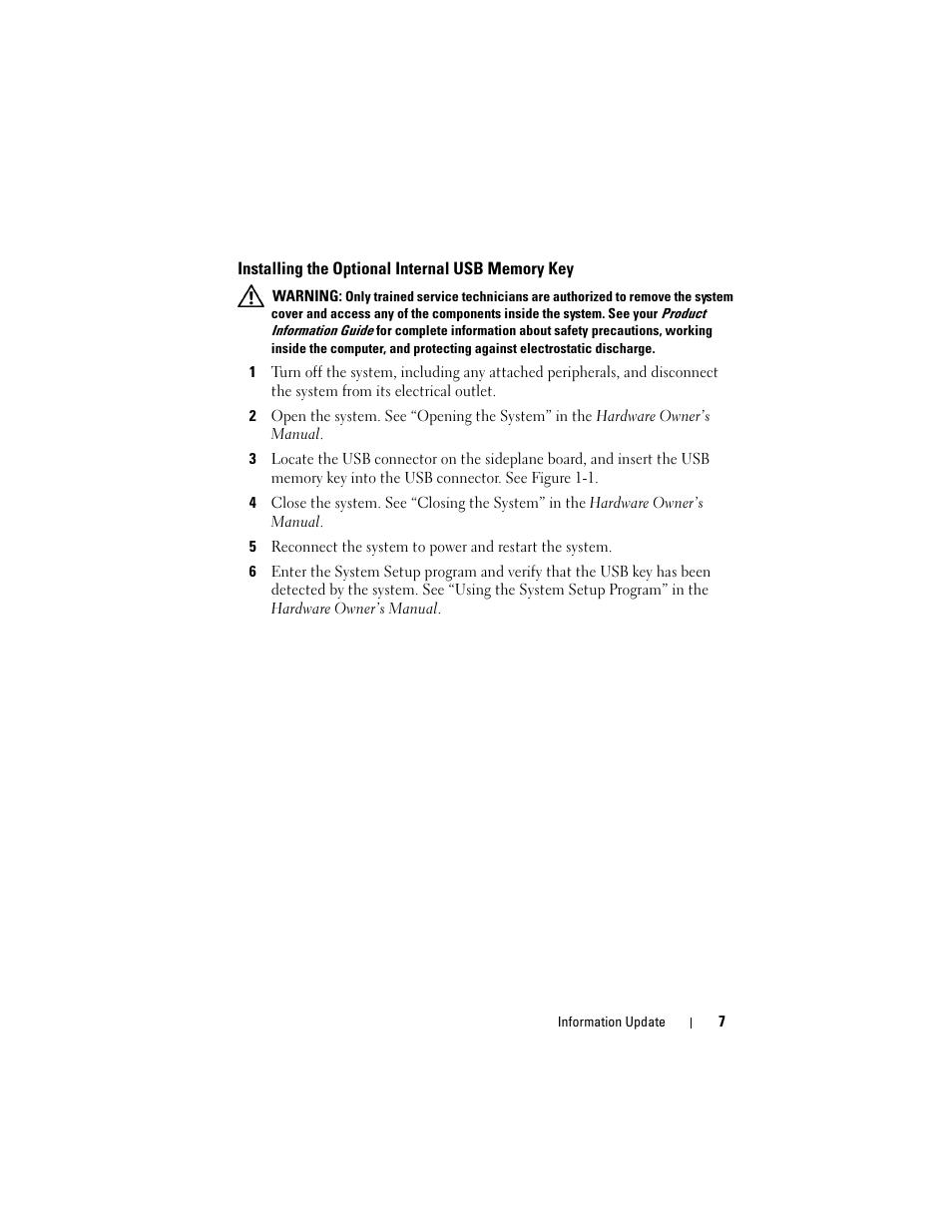 Installing the optional internal usb memory key | Dell POWEREDGE 2950 User Manual | Page 7 / 186