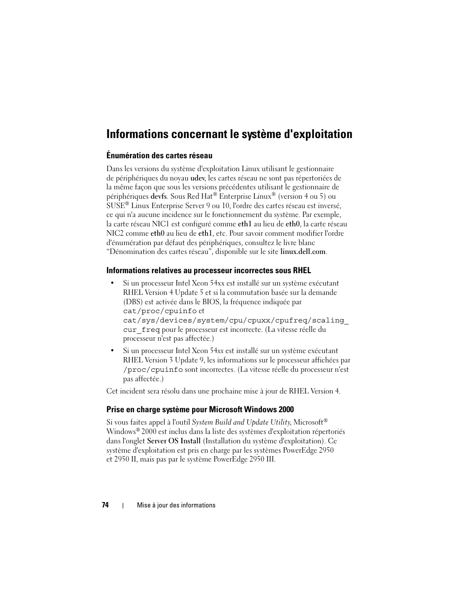 Informations concernant le système d'exploitation, Énumération des cartes réseau | Dell POWEREDGE 2950 User Manual | Page 74 / 186