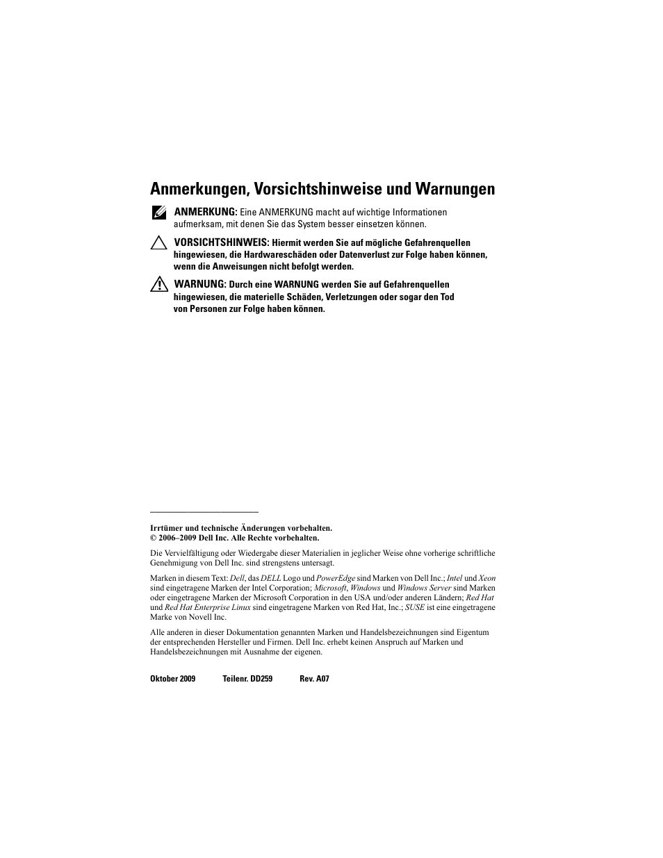 Anmerkungen, vorsichtshinweise und warnungen | Dell POWEREDGE 2950 User Manual | Page 78 / 186