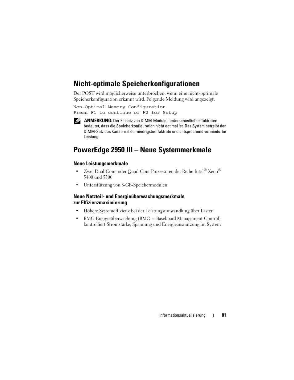 Nicht-optimale speicherkonfigurationen, Poweredge 2950 iii - neue systemmerkmale, Neue leistungsmerkmale | Poweredge 2950 iii – neue systemmerkmale | Dell POWEREDGE 2950 User Manual | Page 81 / 186