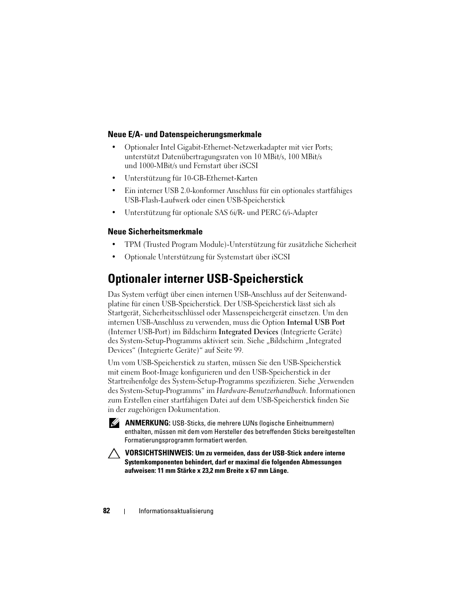 Neue e/a- und datenspeicherungsmerkmale, Neue sicherheitsmerkmale, Optionaler interner usb-speicherstick | Dell POWEREDGE 2950 User Manual | Page 82 / 186