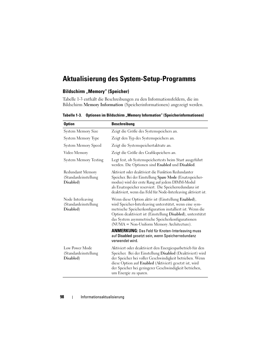 Aktualisierung des system-setup-programms, Bildschirm „memory“ (speicher) | Dell POWEREDGE 2950 User Manual | Page 98 / 186