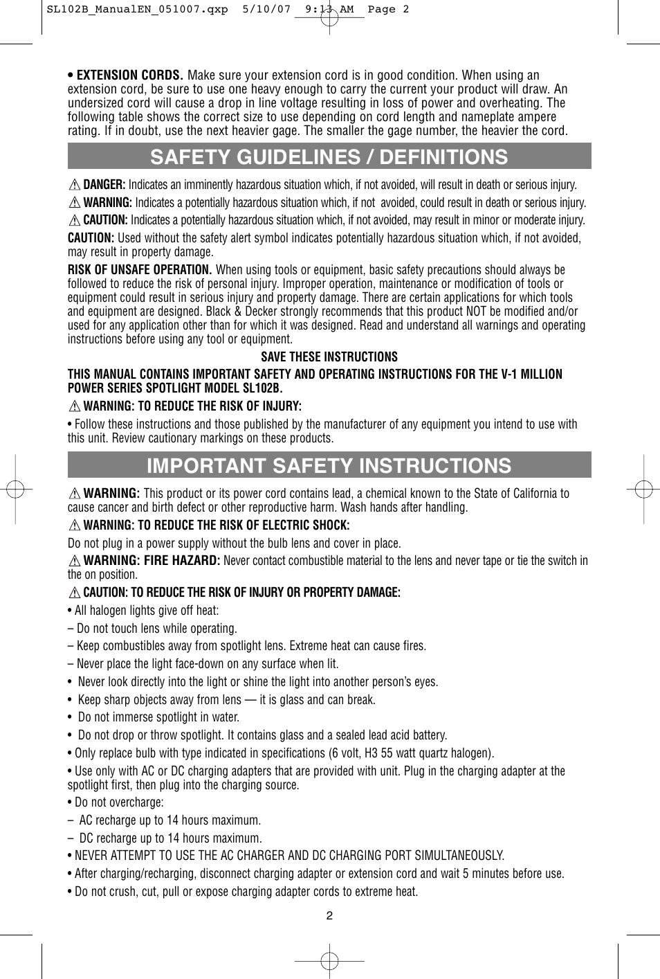 Safety guidelines / definitions, Important safety instructions | Black & Decker Power Series 90515795 User Manual | Page 3 / 8