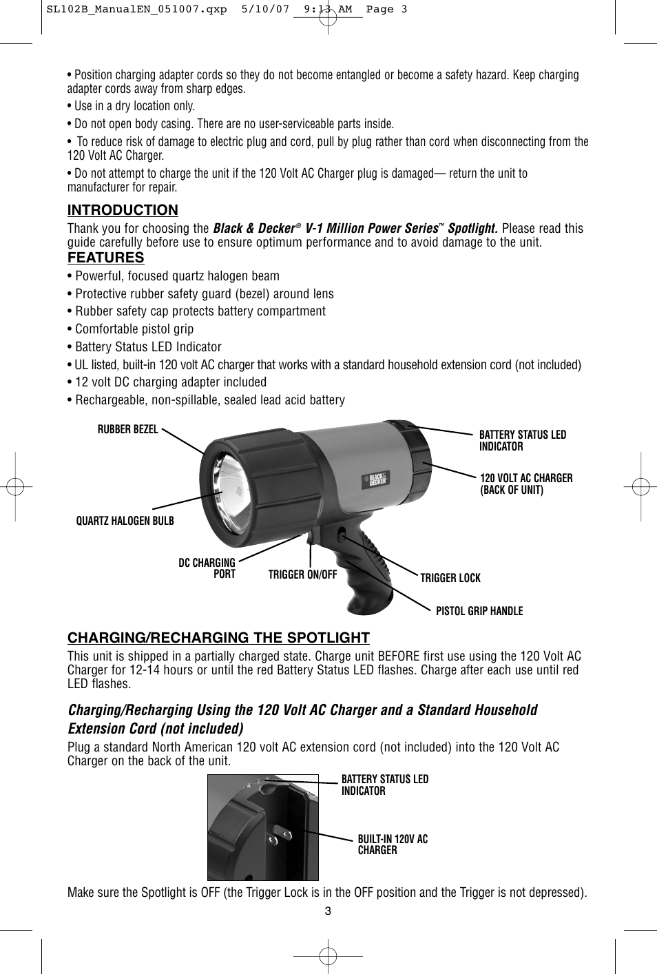 Introduction, Features, Charging/recharging the spotlight | Black & Decker Power Series 90515795 User Manual | Page 4 / 8
