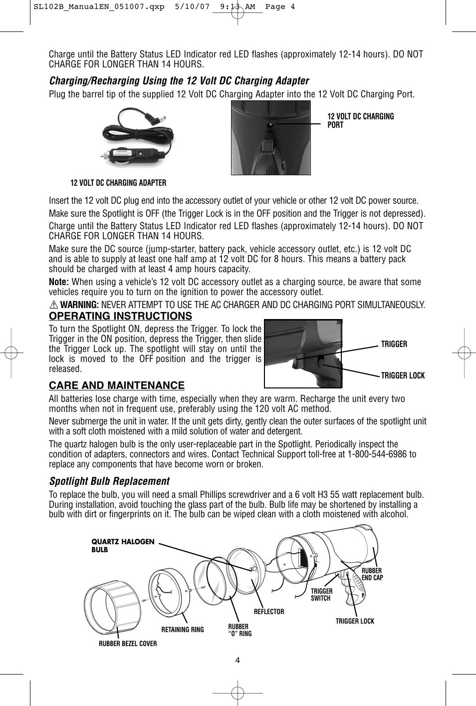 Operating instructions, Care and maintenance, Spotlight bulb replacement | Black & Decker Power Series 90515795 User Manual | Page 5 / 8