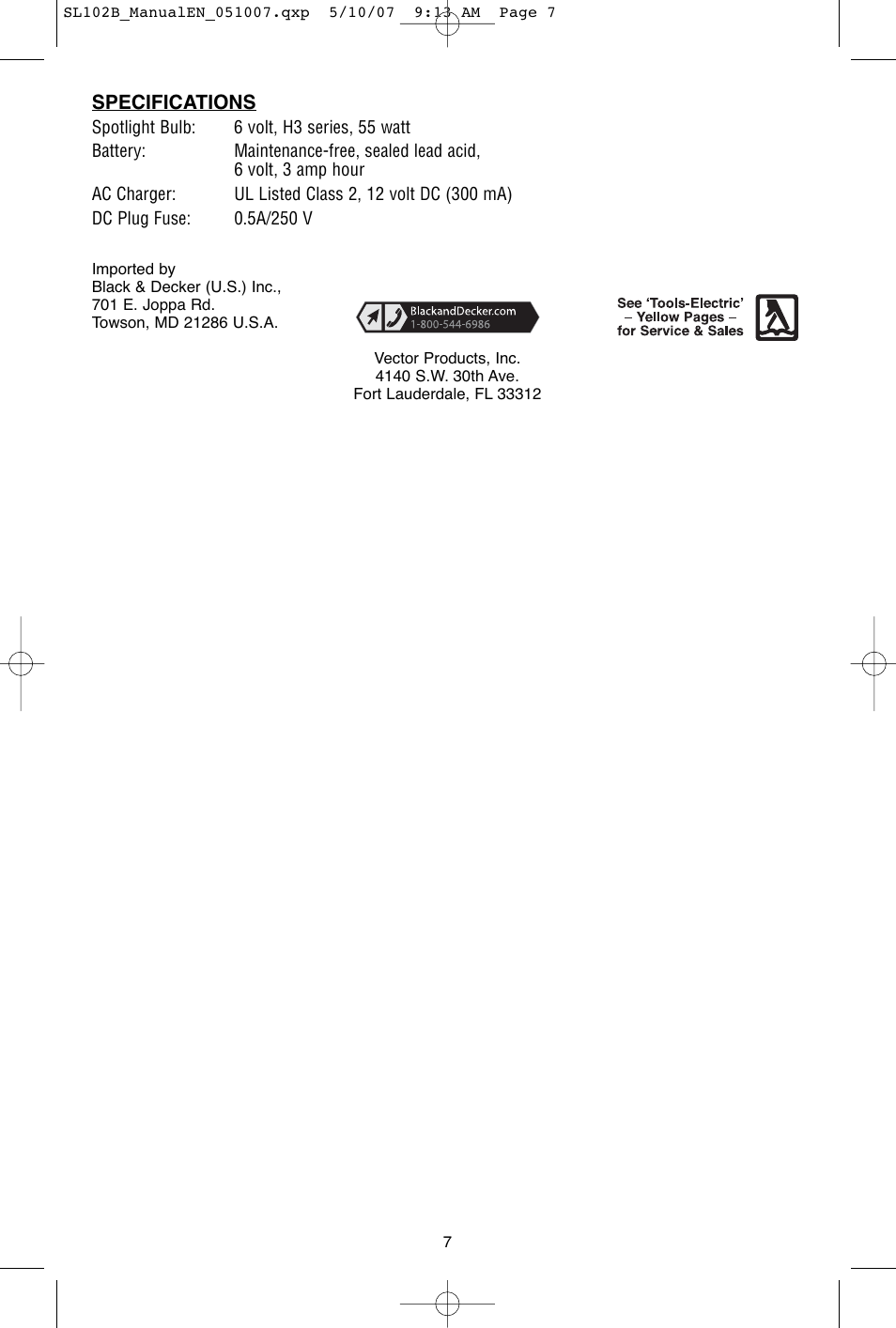 Specifications | Black & Decker Power Series 90515795 User Manual | Page 8 / 8