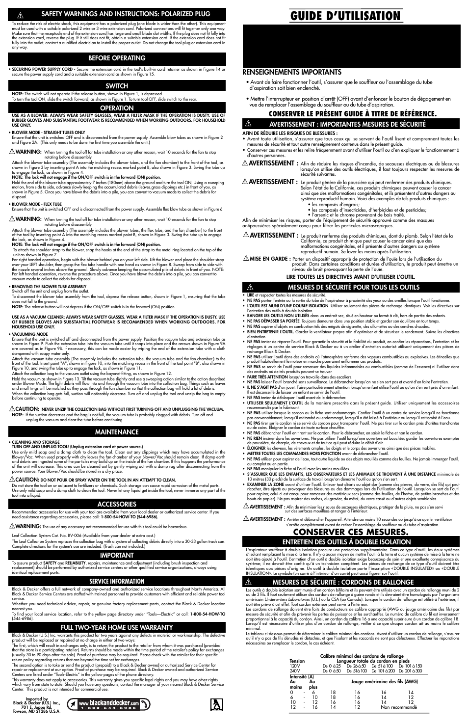 Guide d’utilisation, Conserver ces mesures, Renseignements importants | Conserver le présent guide à titre de référence, Efore operating, Switch, Operation, Maintenance, Accessories, Important | Black & Decker Leaf Hog 617365-00 User Manual | Page 2 / 4