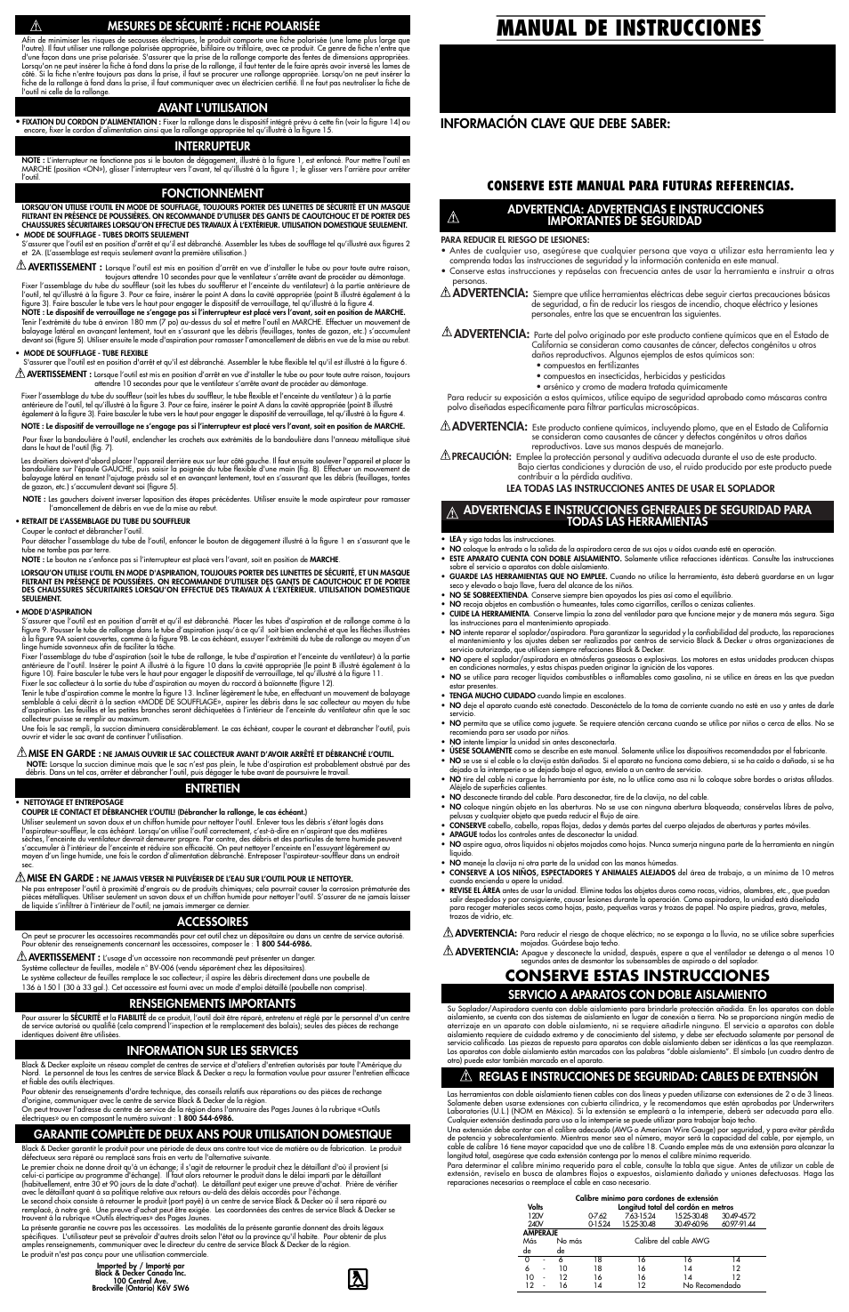 Manual de instrucciones, Conserve estas instrucciones, Información clave que debe saber | Conserve este manual para futuras referencias, Advertencia, Servicio a aparatos con doble aislamiento, Mesures de sécurité : fiche polarisée, Avant l'utilisation, Interrupteur, Fonctionnement | Black & Decker Leaf Hog 617365-00 User Manual | Page 3 / 4