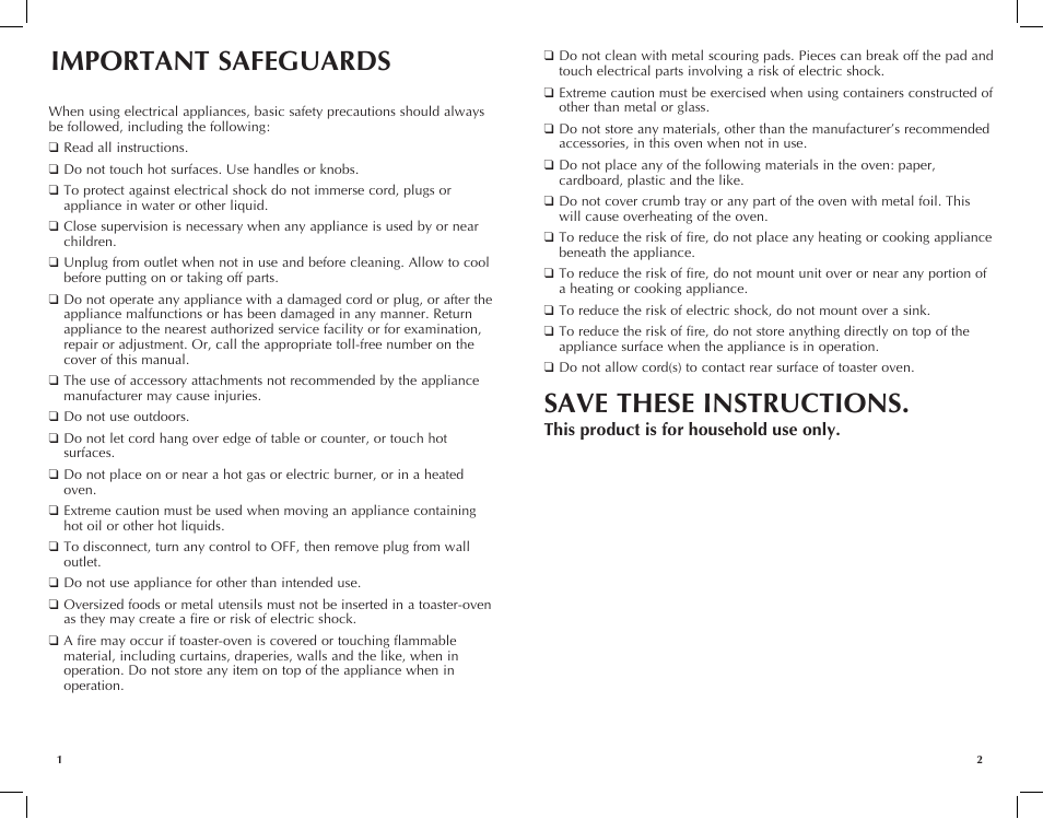 Important safeguards, Save these instructions, This product is for household use only | Black & Decker TROS1500B User Manual | Page 2 / 23