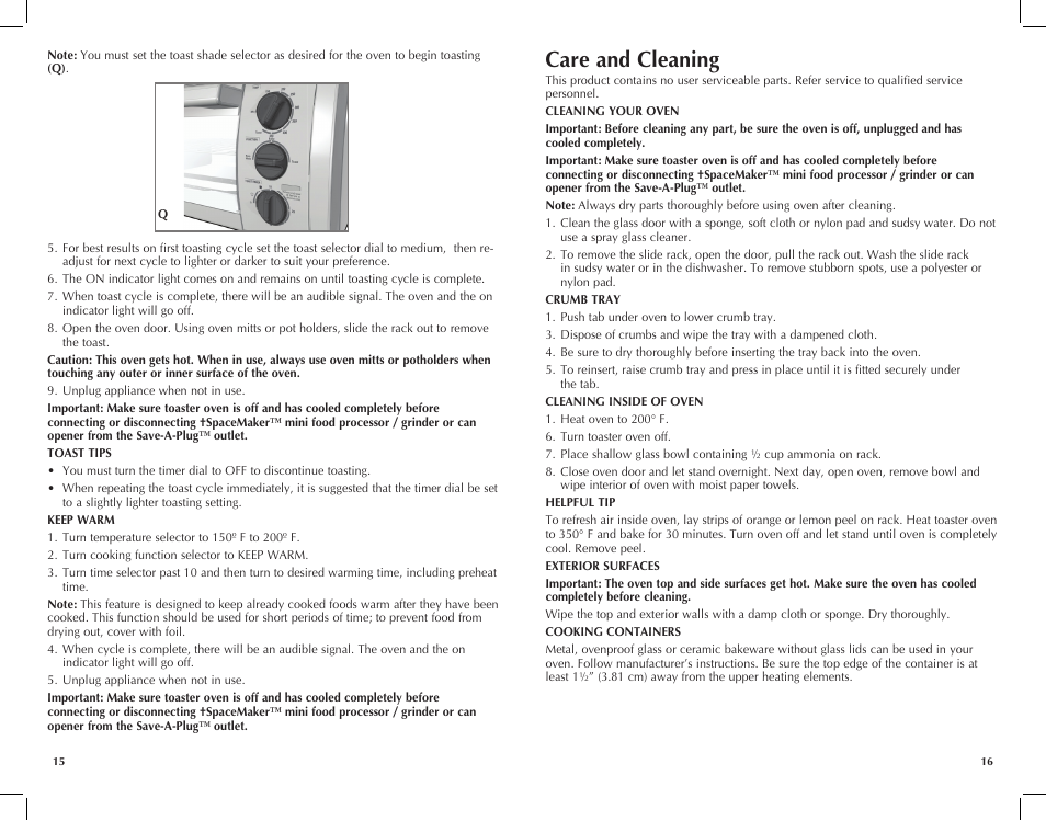 Care and cleaning | Black & Decker TROS1500B User Manual | Page 9 / 23