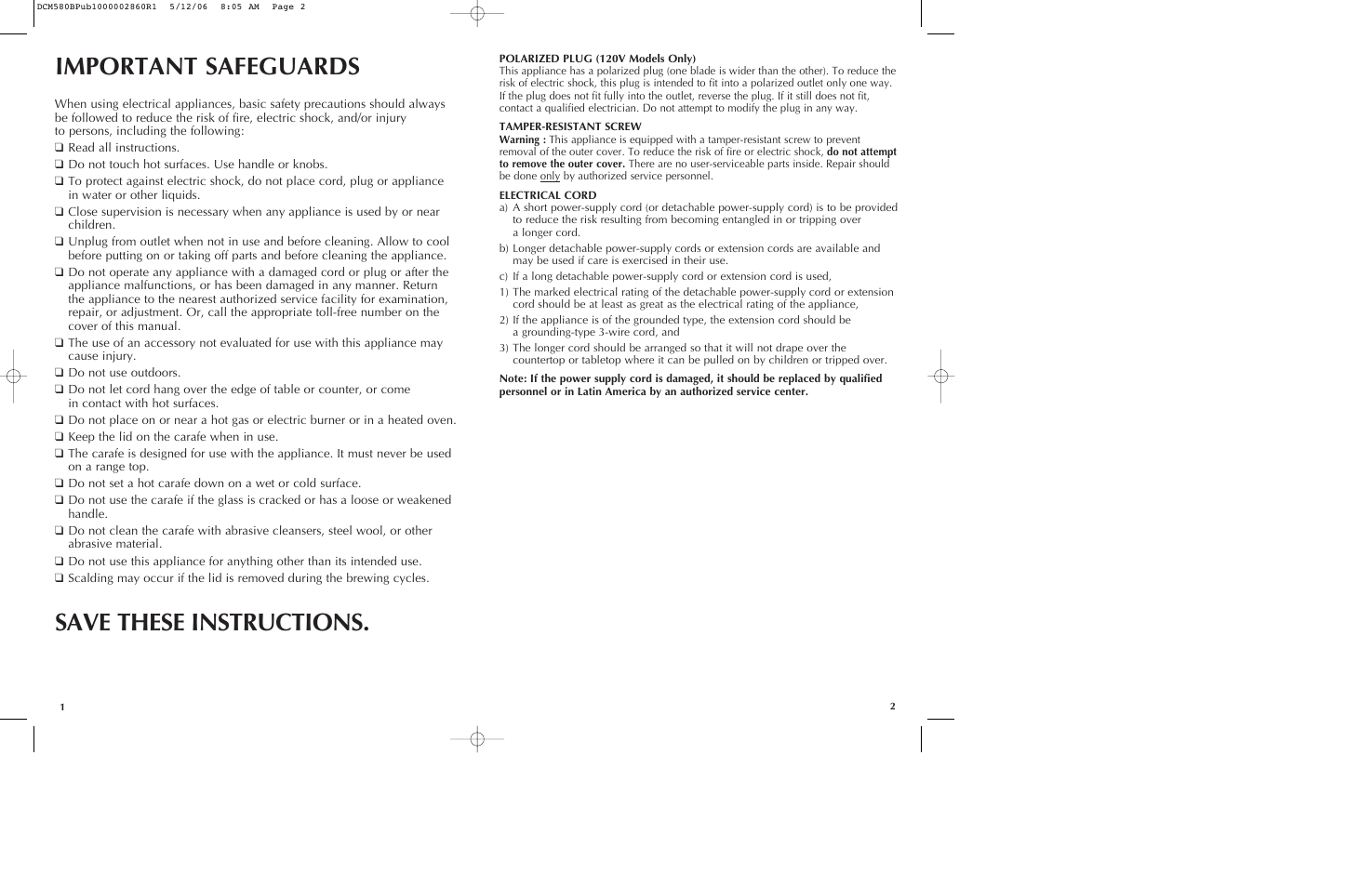 Important safeguards, Save these instructions | Black & Decker DCM580 User Manual | Page 2 / 13