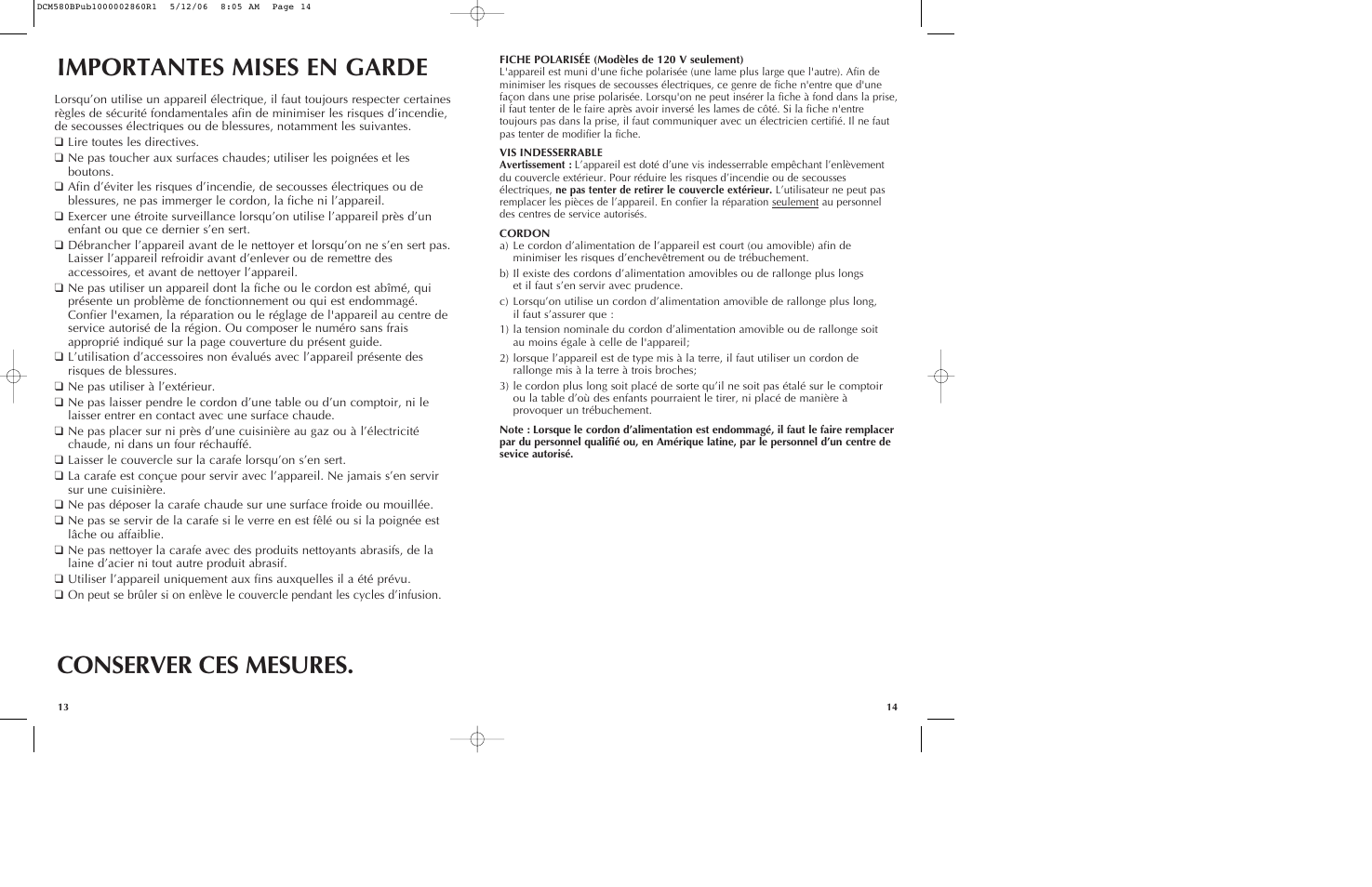 Importantes mises en garde conserver ces mesures | Black & Decker DCM580 User Manual | Page 8 / 13