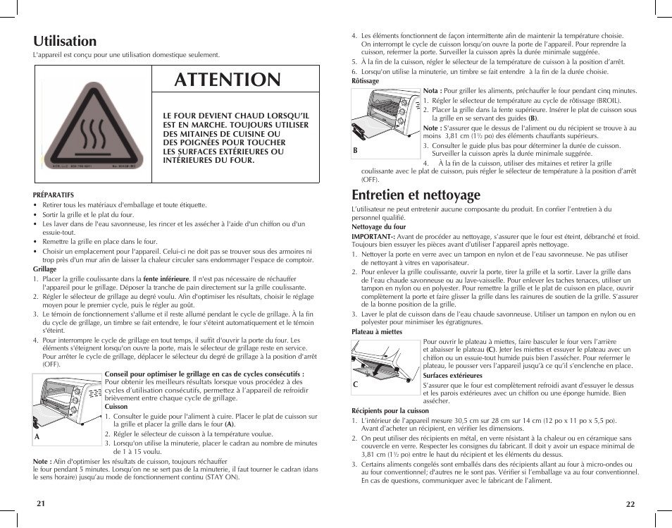 Attention, Entretien et nettoyage, Utilisation | Black & Decker TRO390B User Manual | Page 12 / 17