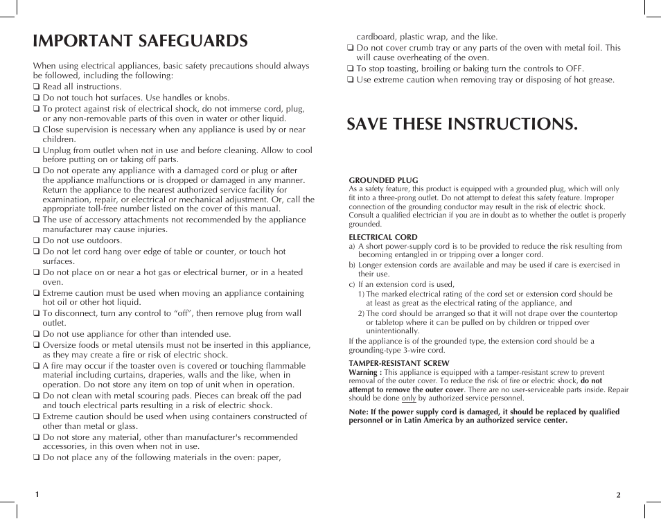 Important safeguards, Save these instructions | Black & Decker TRO390B User Manual | Page 2 / 17