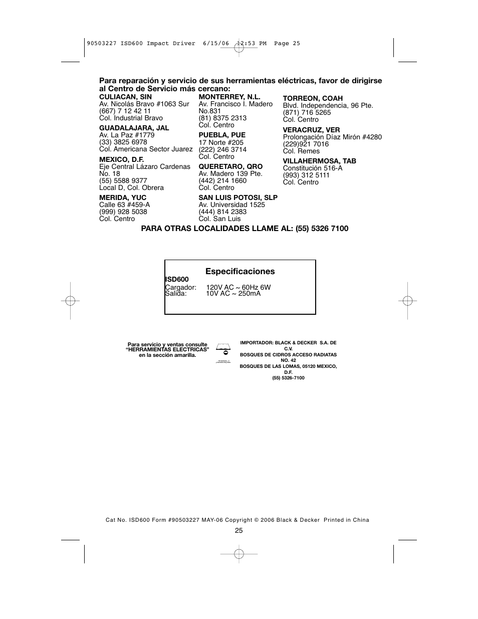 Especificaciones | Black & Decker 90503227 User Manual | Page 25 / 28