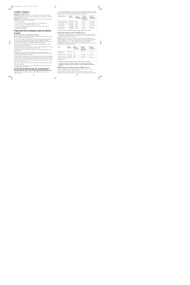 Cuidado y limpieza, Guía de almacenaje de alimentos | Black & Decker VS350 User Manual | Page 9 / 17