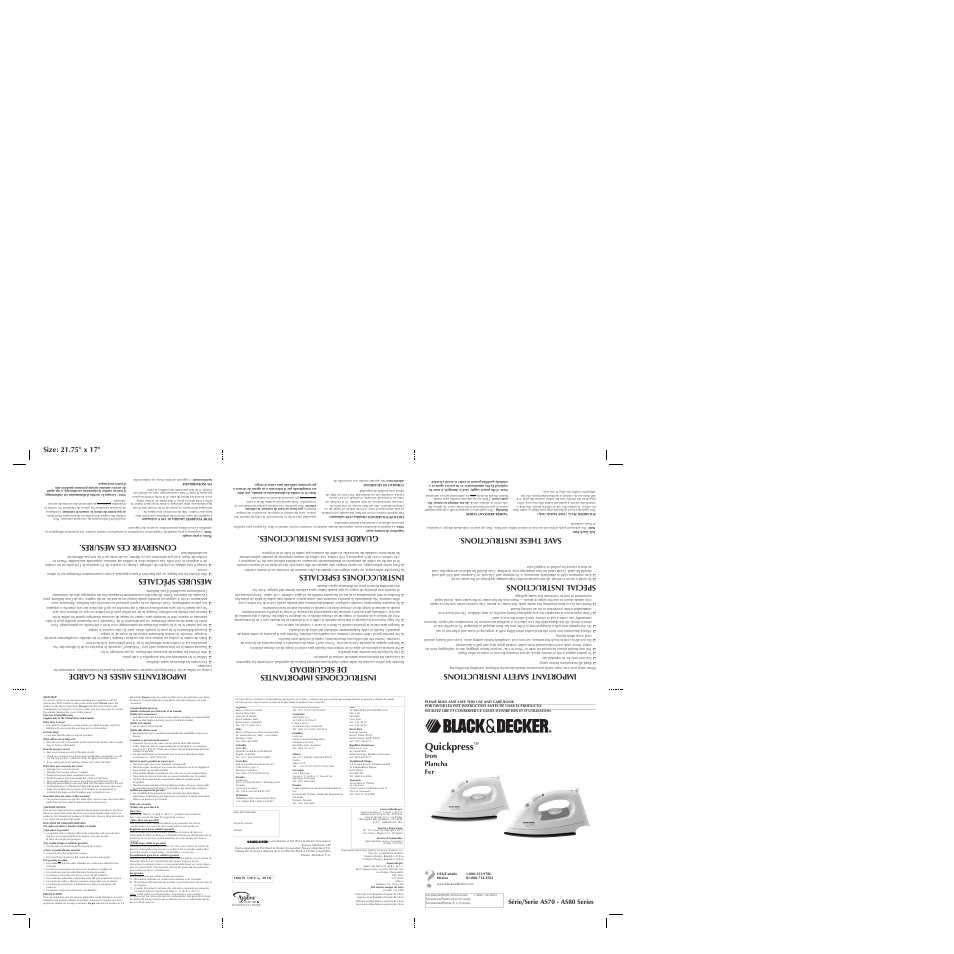 Quickpress, Mesures spéciales, Instrucciones especiales | Special instructions, Iron plancha fer, Série/serie as70 - as80 series | Black & Decker AS85 User Manual | Page 2 / 2