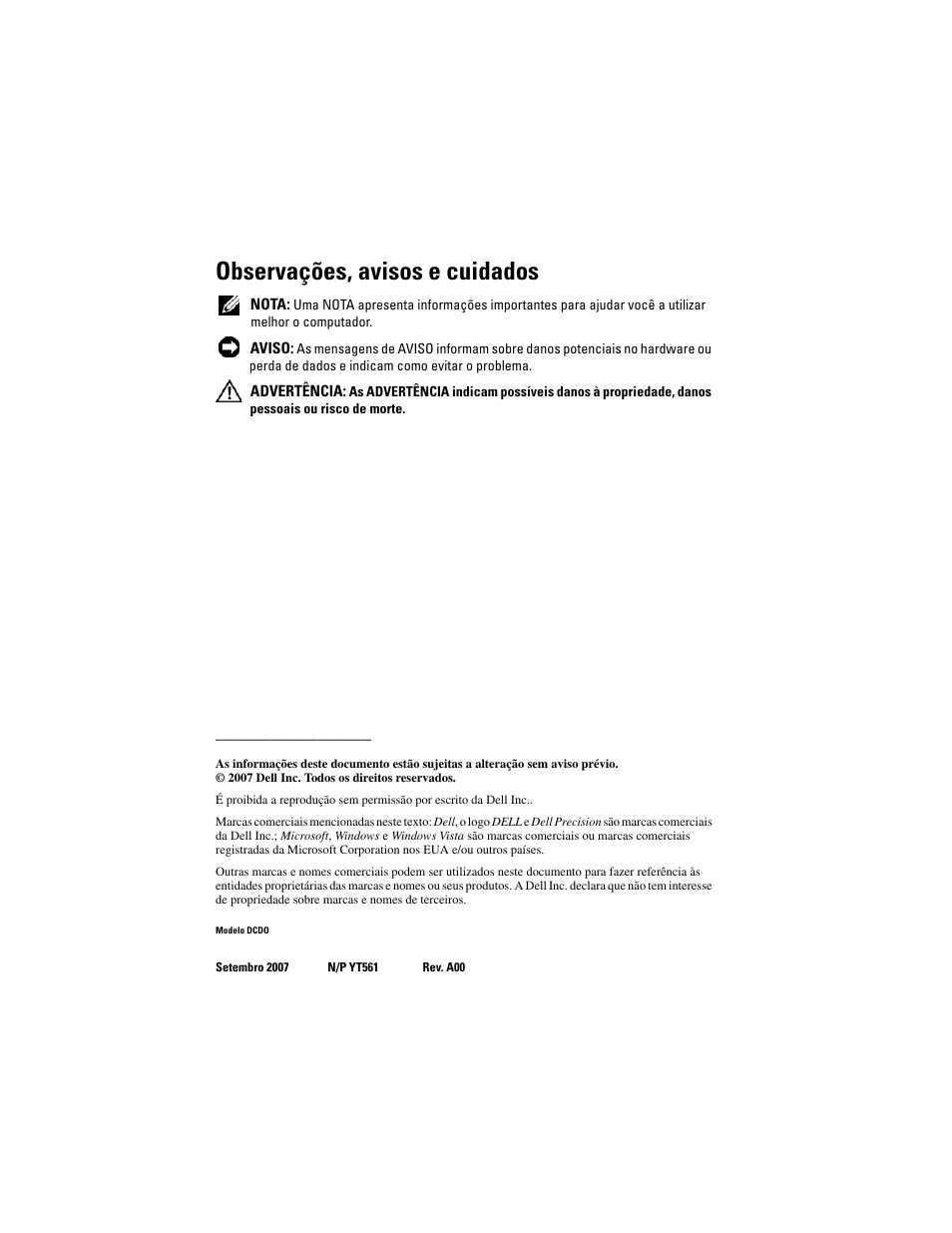 Observações, avisos e cuidados | Dell Precision T7400 (Late 2007) User Manual | Page 124 / 252