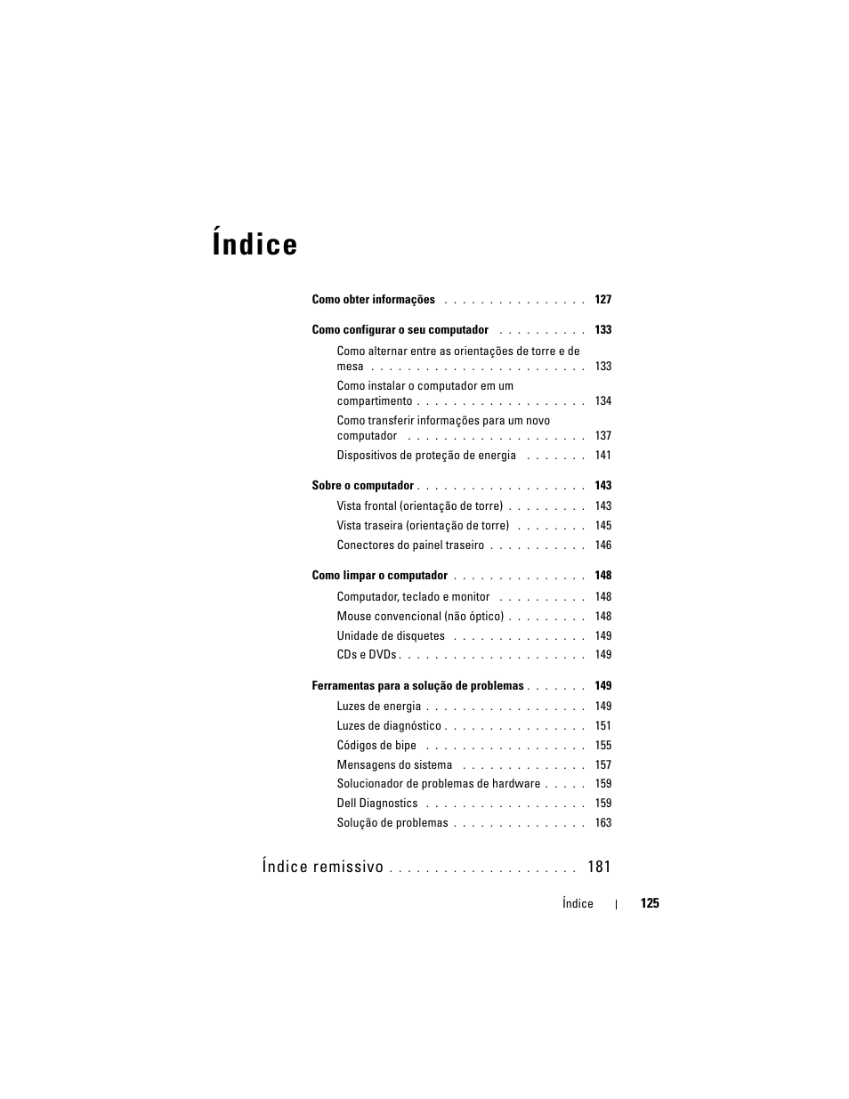 Índice, Índice remissivo | Dell Precision T7400 (Late 2007) User Manual | Page 125 / 252