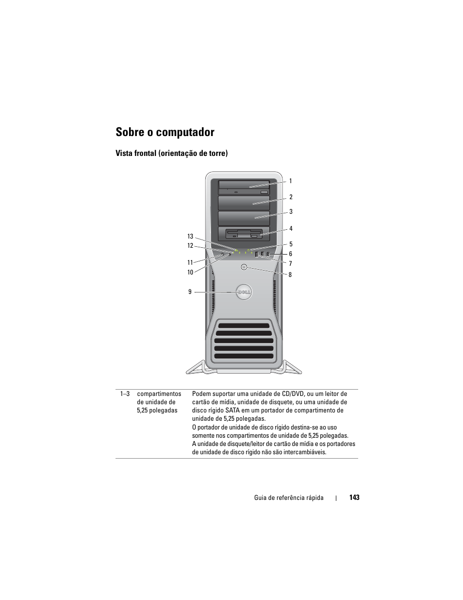 Sobre o computador, Vista frontal (orientação de torre) | Dell Precision T7400 (Late 2007) User Manual | Page 143 / 252