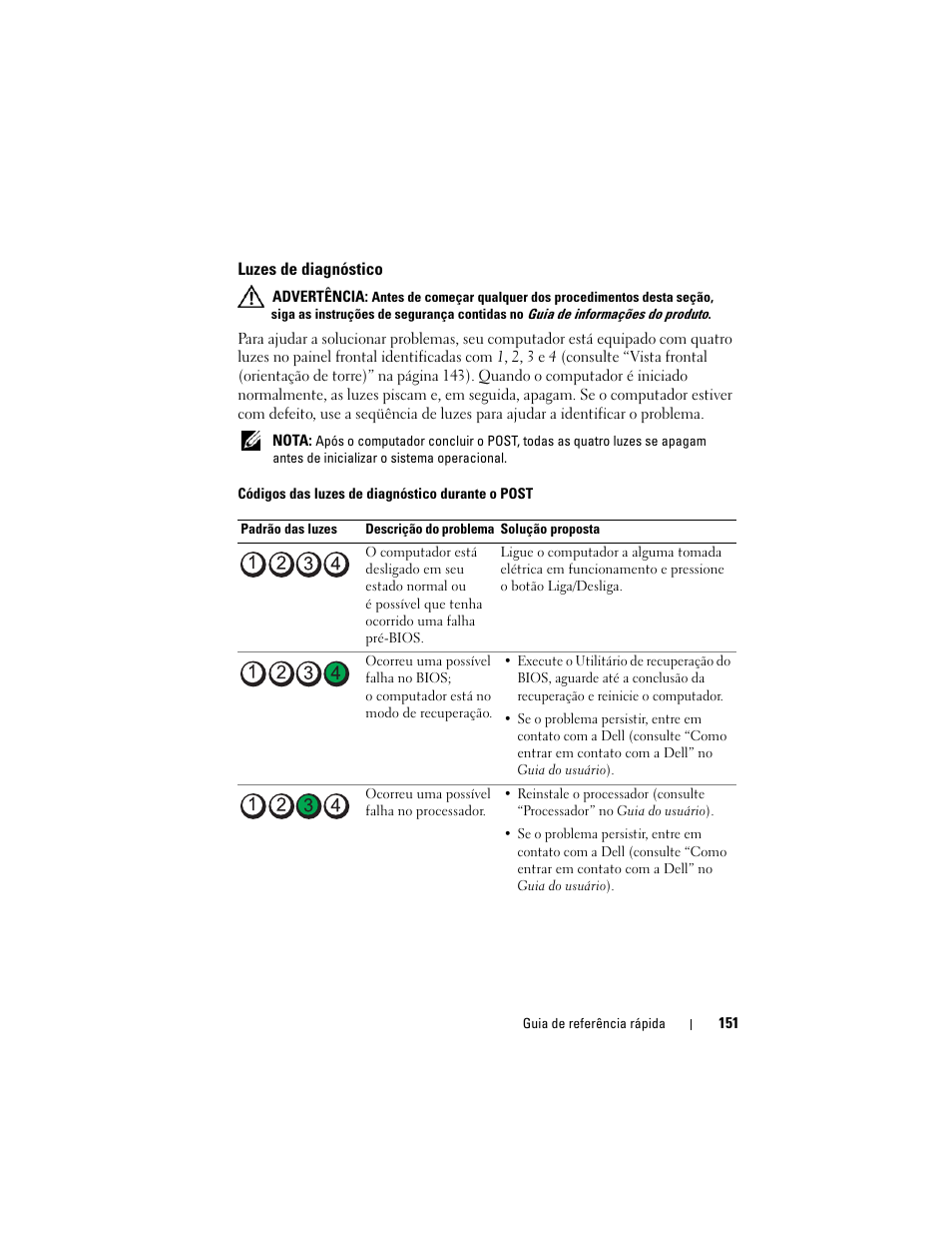 Luzes de diagnóstico | Dell Precision T7400 (Late 2007) User Manual | Page 151 / 252