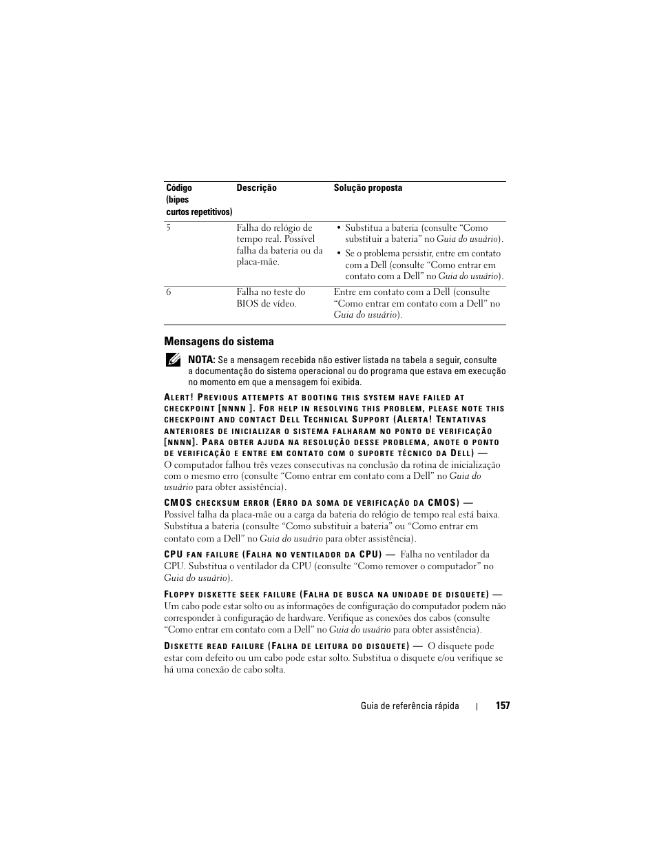 Mensagens do sistema | Dell Precision T7400 (Late 2007) User Manual | Page 157 / 252