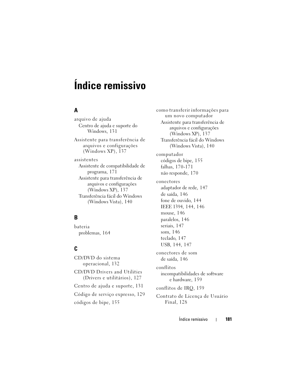 Índice remissivo | Dell Precision T7400 (Late 2007) User Manual | Page 181 / 252