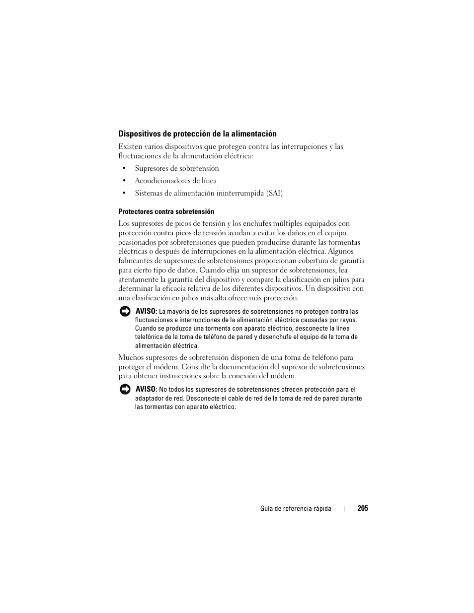 Dispositivos de protección de la alimentación | Dell Precision T7400 (Late 2007) User Manual | Page 205 / 252