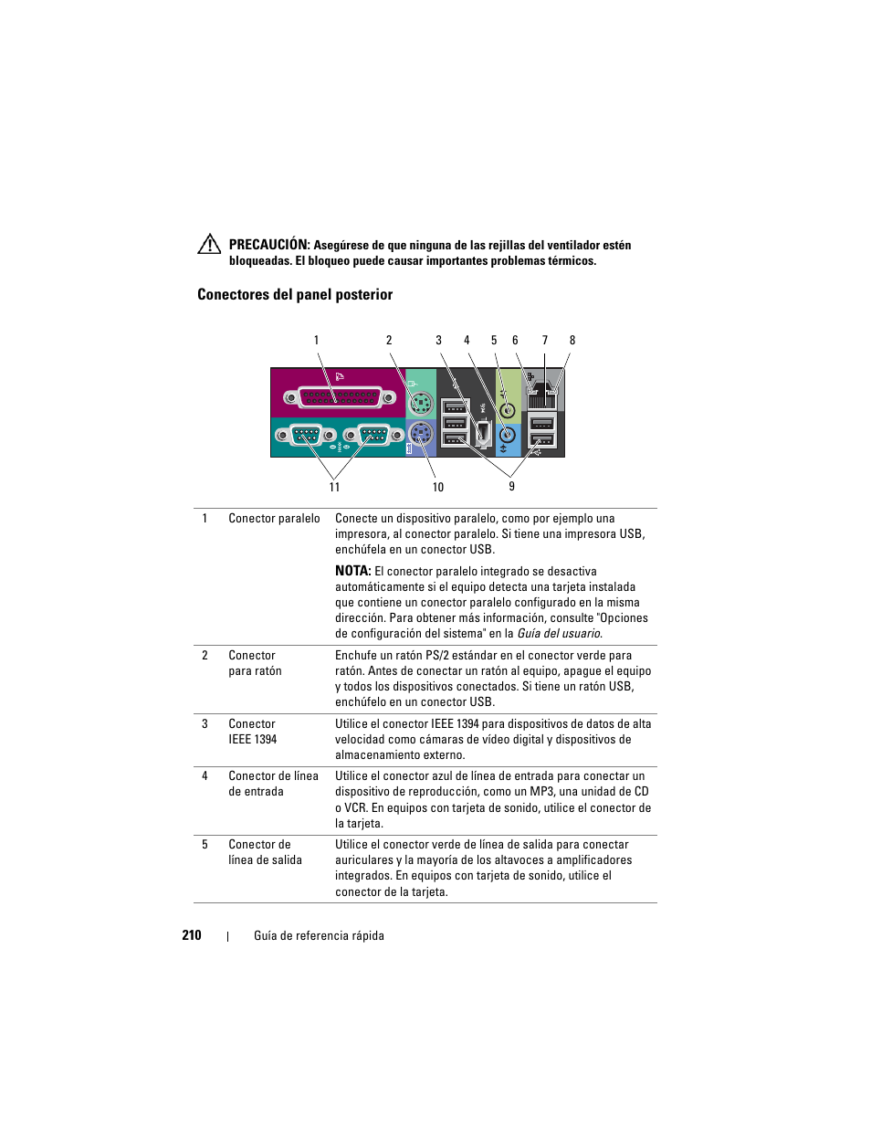 Conectores del panel posterior | Dell Precision T7400 (Late 2007) User Manual | Page 210 / 252