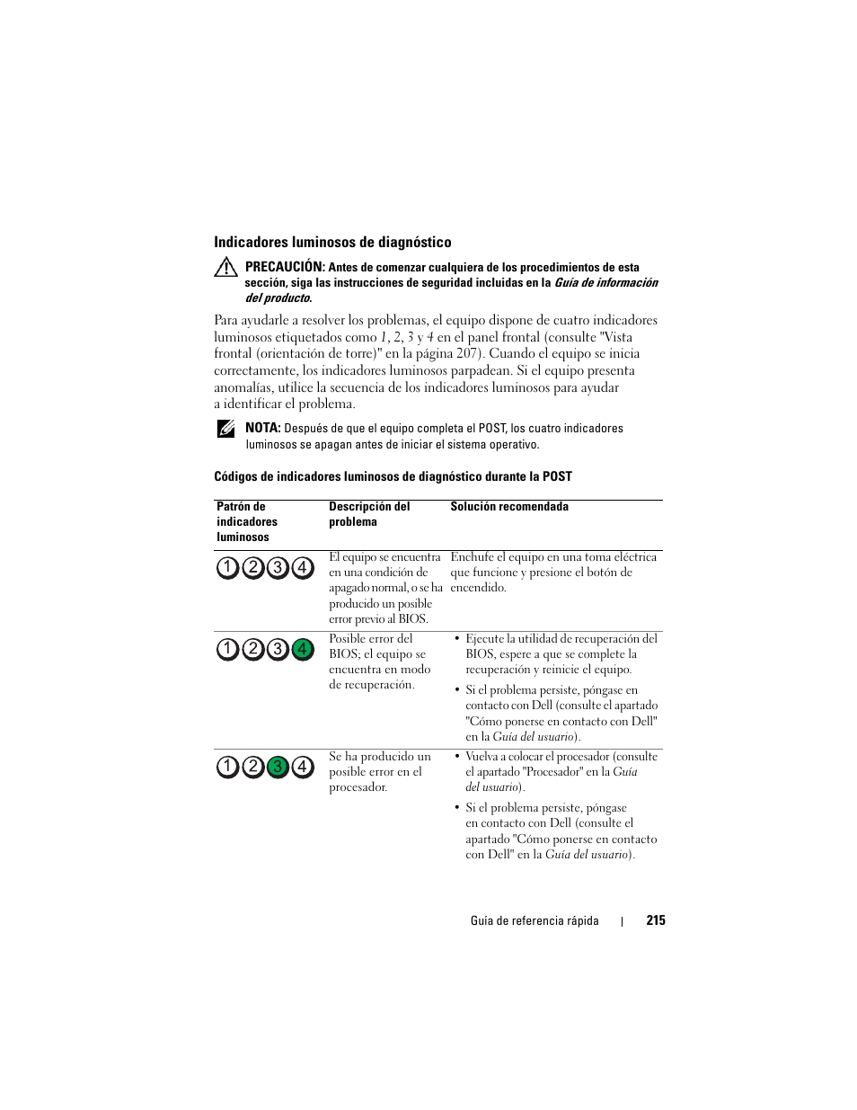 Indicadores luminosos de diagnóstico | Dell Precision T7400 (Late 2007) User Manual | Page 215 / 252