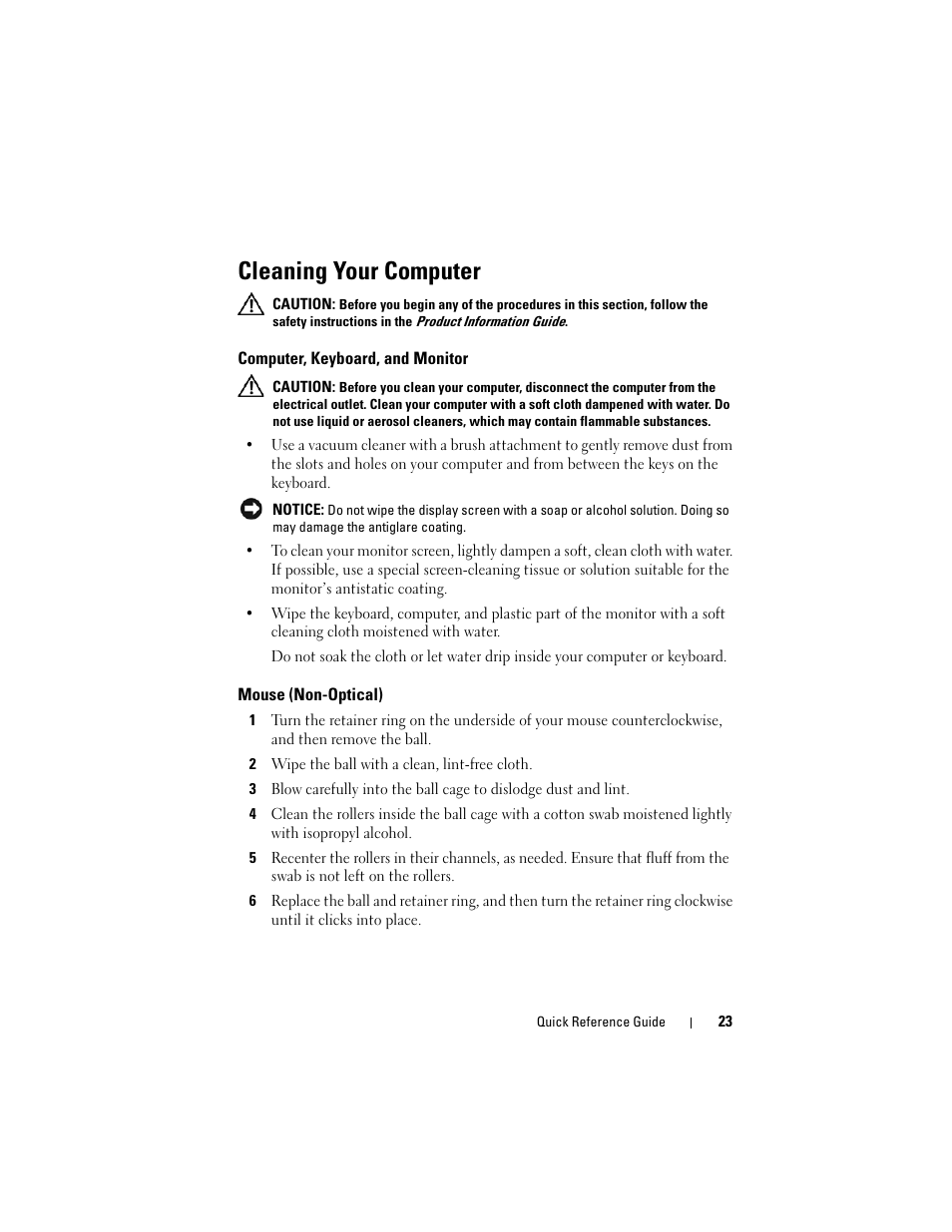 Cleaning your computer, Computer, keyboard, and monitor, Mouse (non-optical) | Dell Precision T7400 (Late 2007) User Manual | Page 23 / 252