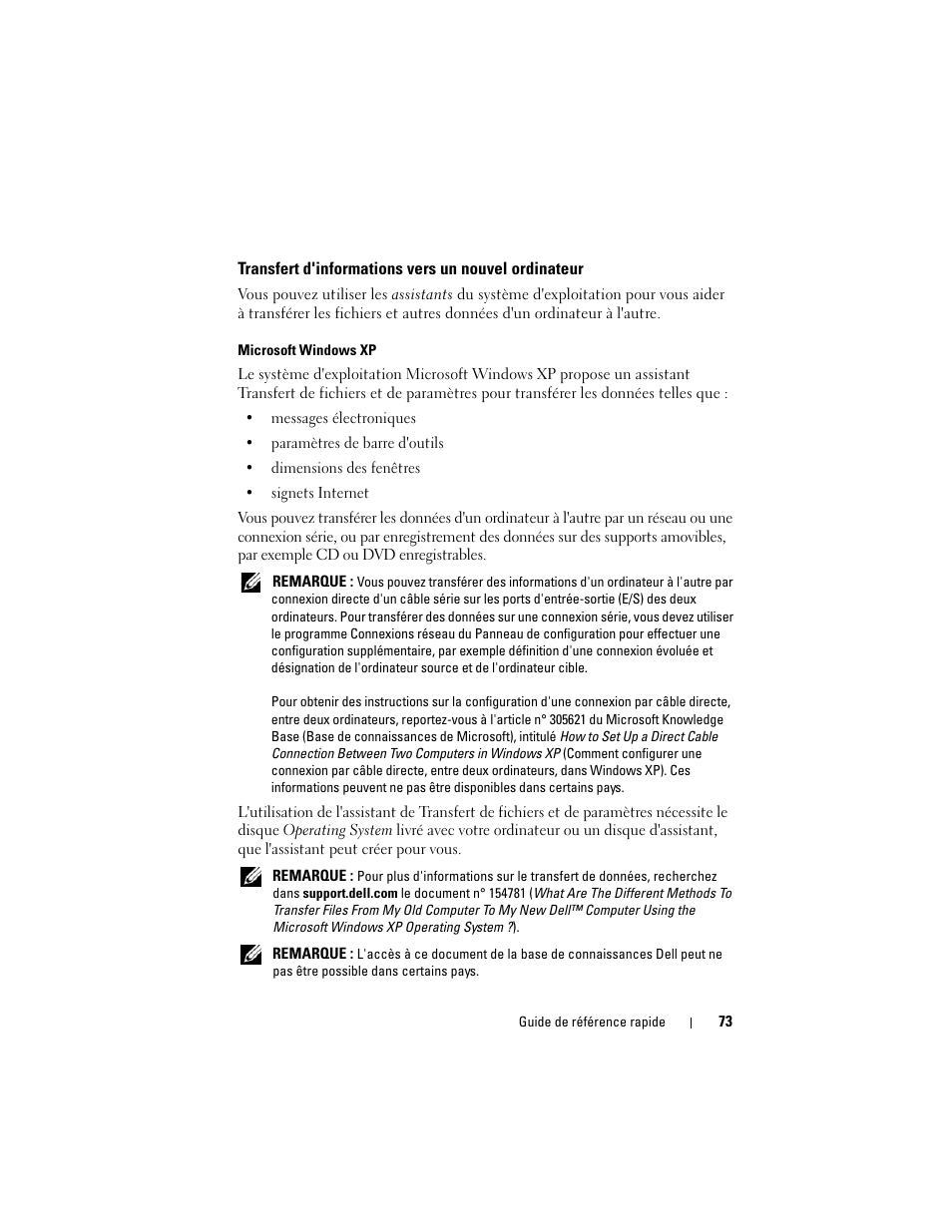 Transfert d'informations vers un nouvel ordinateur | Dell Precision T7400 (Late 2007) User Manual | Page 73 / 252