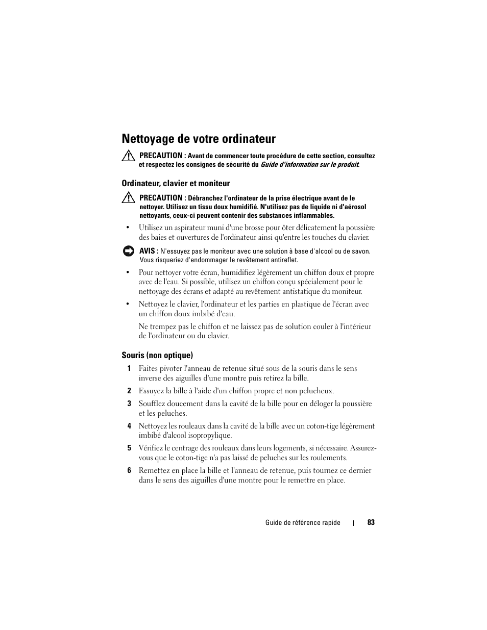 Nettoyage de votre ordinateur, Ordinateur, clavier et moniteur, Souris (non optique) | Dell Precision T7400 (Late 2007) User Manual | Page 83 / 252