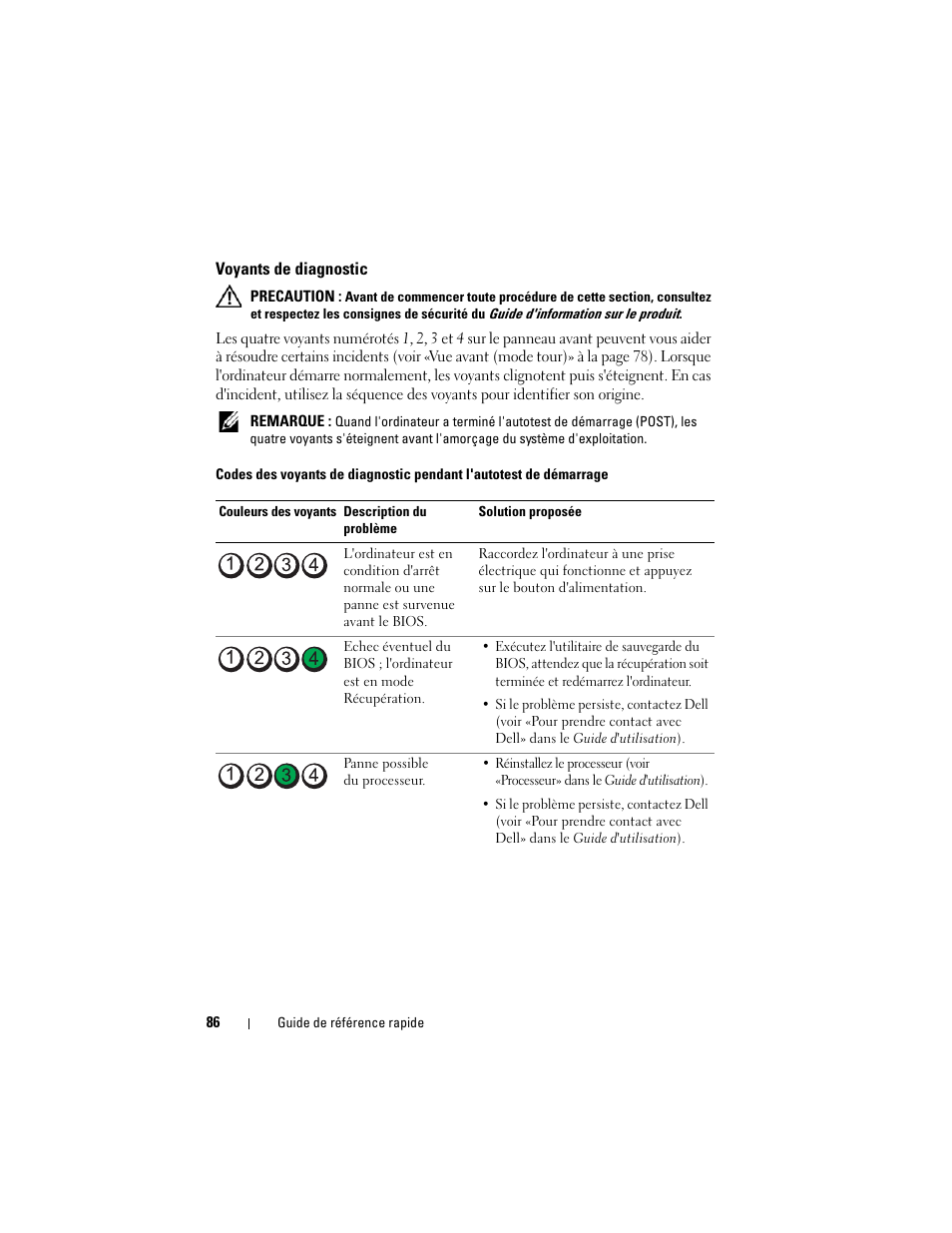 Voyants de diagnostic | Dell Precision T7400 (Late 2007) User Manual | Page 86 / 252