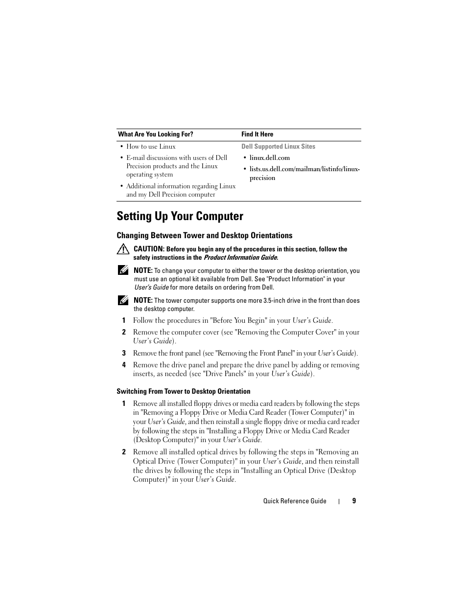 Setting up your computer, Changing between tower and desktop orientations | Dell Precision T7400 (Late 2007) User Manual | Page 9 / 252