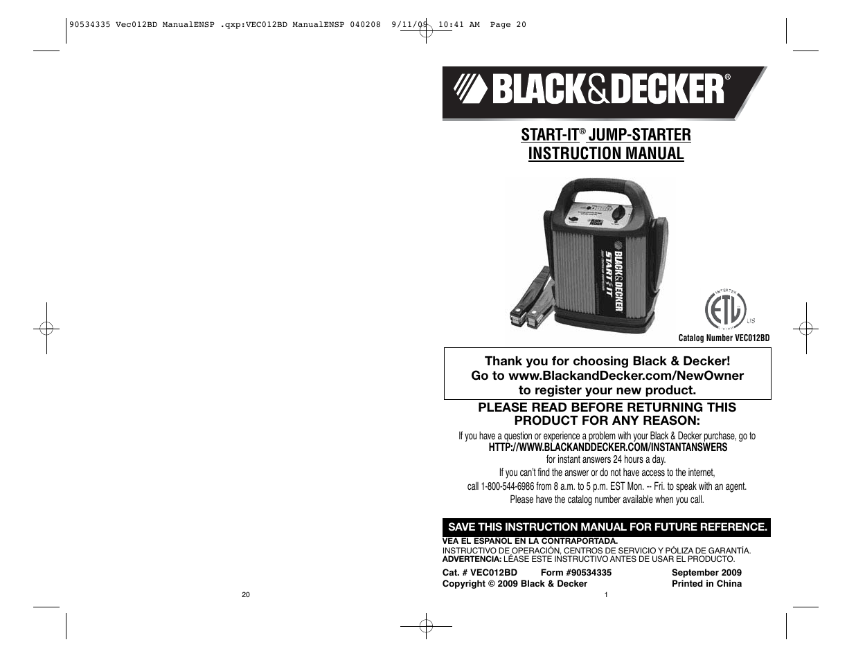 Black & Decker Start-It VEC012BD User Manual | 10 pages