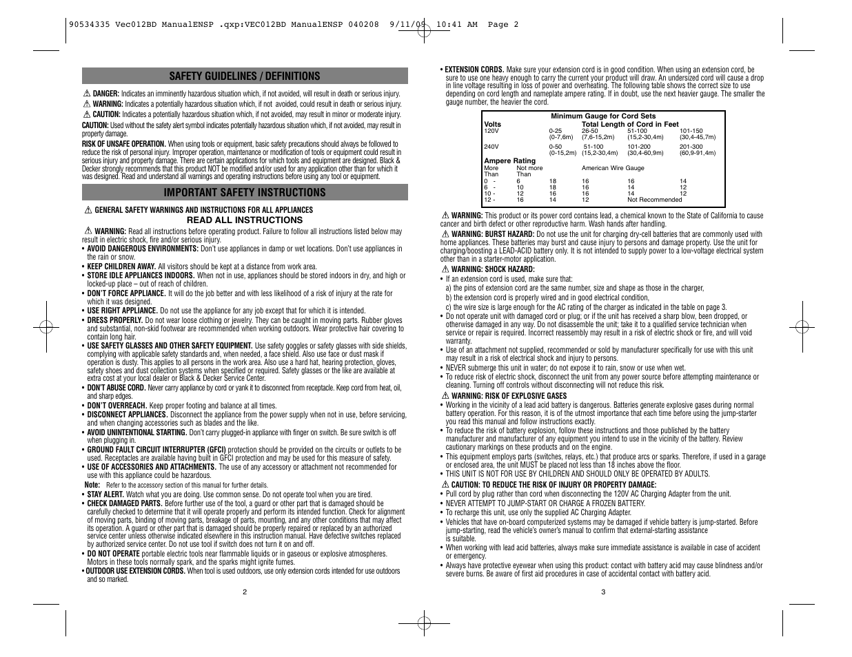 Safety guidelines / definitions, Important safety instructions | Black & Decker Start-It VEC012BD User Manual | Page 2 / 10