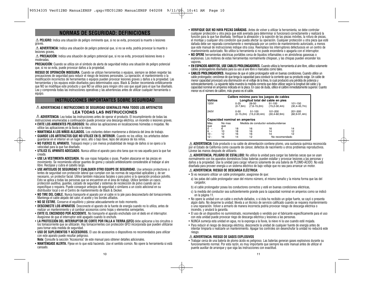 Normas de seguridad: definiciones, Instrucciones importantes sobre seguridad | Black & Decker Start-It VEC012BD User Manual | Page 6 / 10
